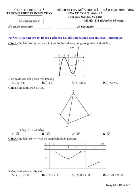 Đề thi Giữa kì 1 Toán 12 năm 2025-2026 trường THPT Trường Xuân (Đồng Tháp)